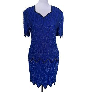VTG‎ Laurence Kazar Women PL Blue Silk Sequin Beaded Cocktail Dress Deco Gatsby